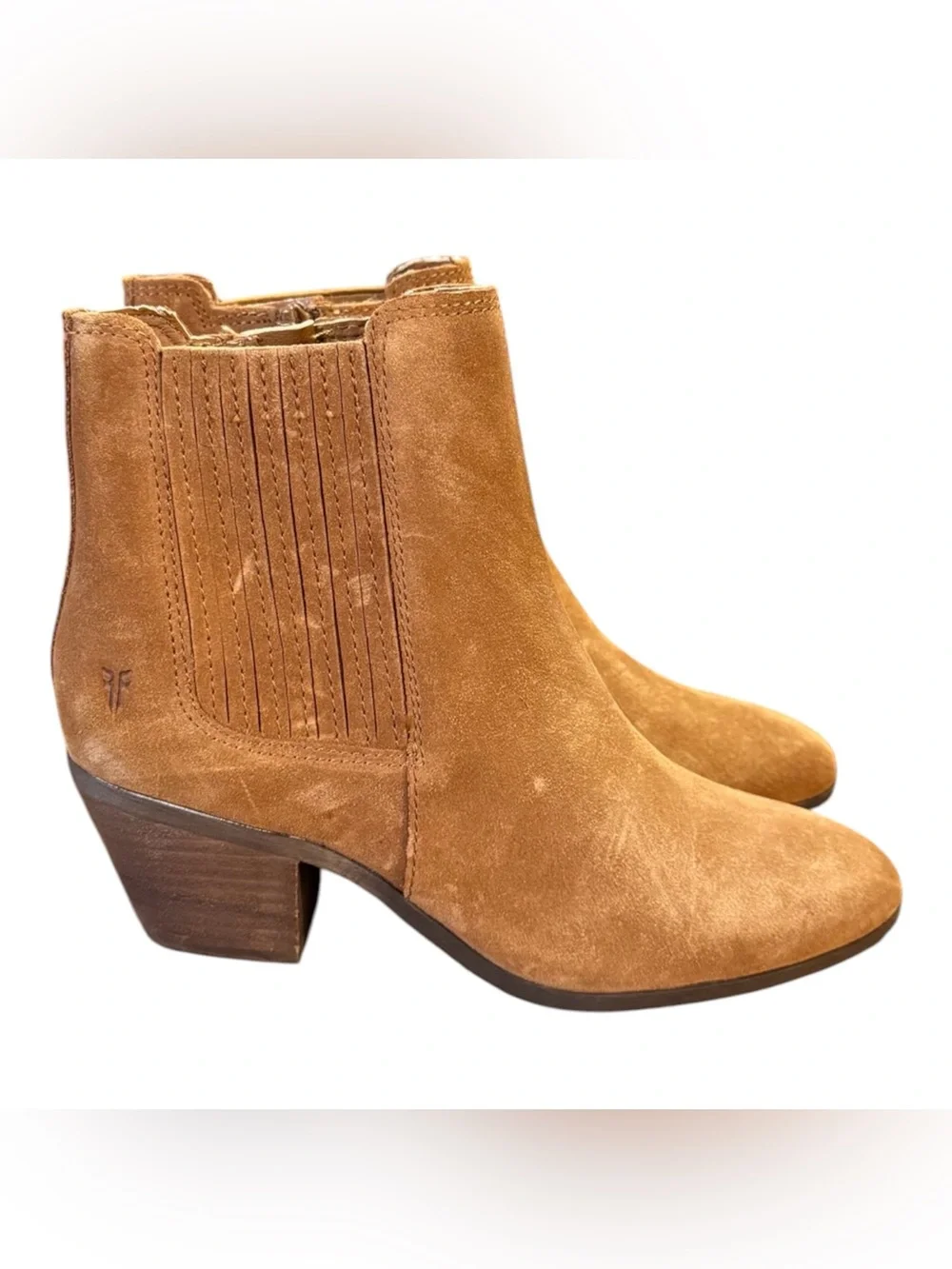 Frye Sandra Suede Chelsea Ankle Boots Cognac Brown Stacked Block Heel Size 6.5
